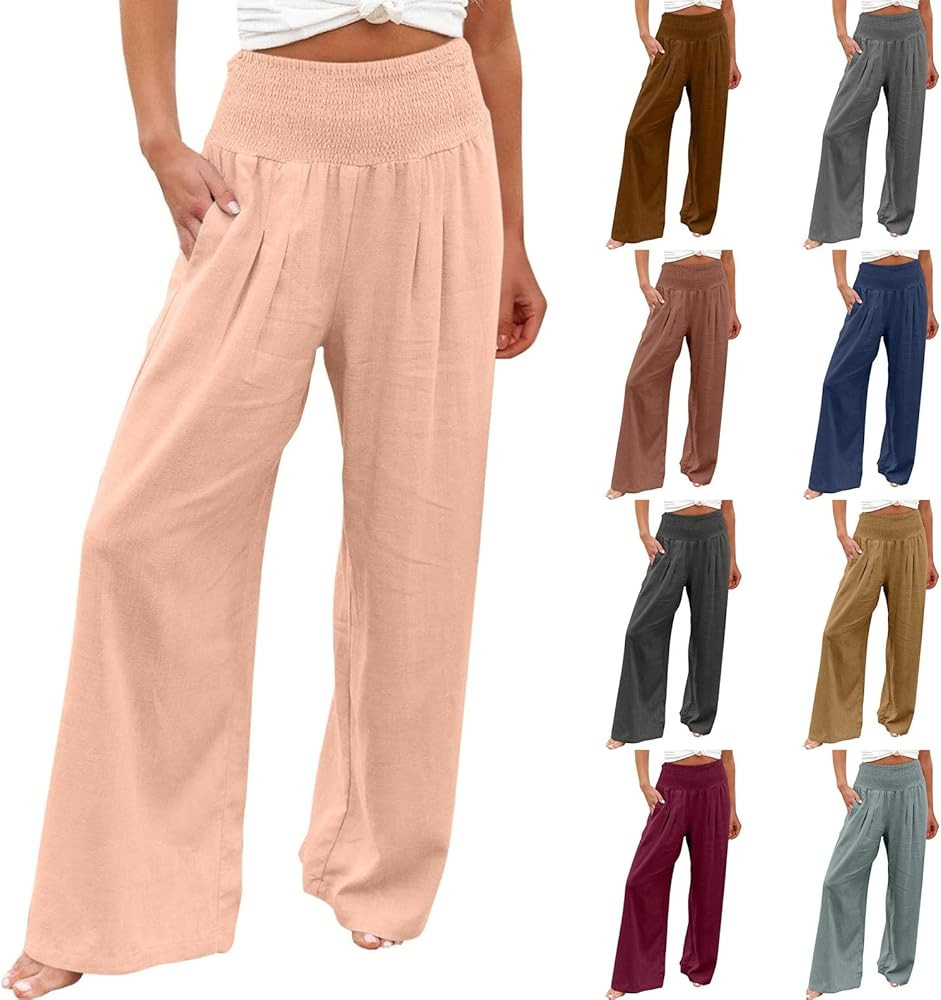 Womens Linen Pants with Pockets High Waisted Wide Leg Pants Casual Lounge Trouser Boho Summer Bea... | Amazon (US)