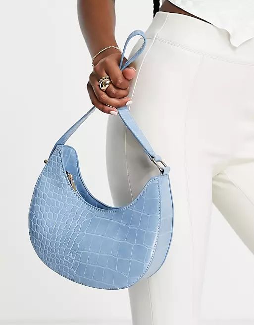 ASOS DESIGN curved shoulder bag with long strap in blue croc | ASOS (Global)