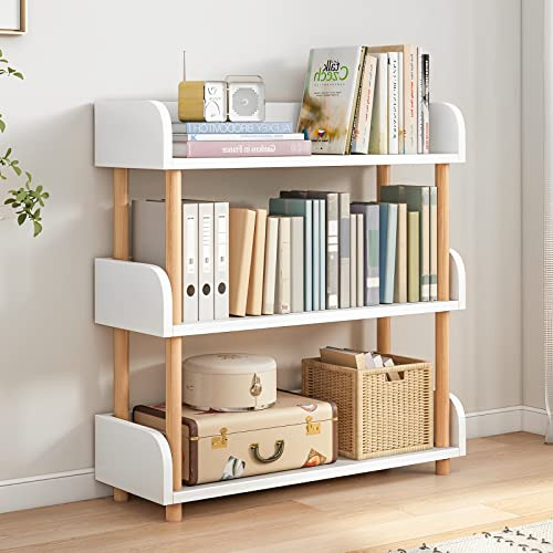 OSCHF 3-Tier Wooden Open Bookcase - Modern Display Bookshelf with Top Edge and Solid Wood Frame for Home and Office, Storage Cabinet, Warm White | Amazon (US)
