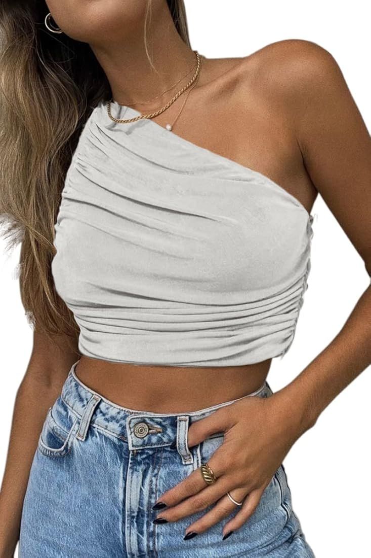 CHYRII Women's Sexy Sparkly One Shoulder Crop Tops Sleeveless Ruched Tank Tops | Amazon (US)