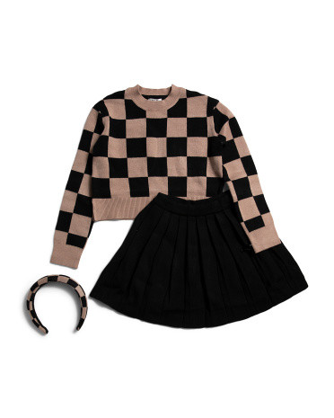 Girls 2pc Long Sleeve Checkered Sweater And Skirt Set With Headband | TJ Maxx