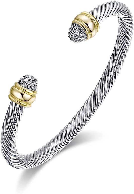 Two Tone Cable Bangle Antique Cuff Bracelet with Zircon Inlaid Ends | Amazon (US)