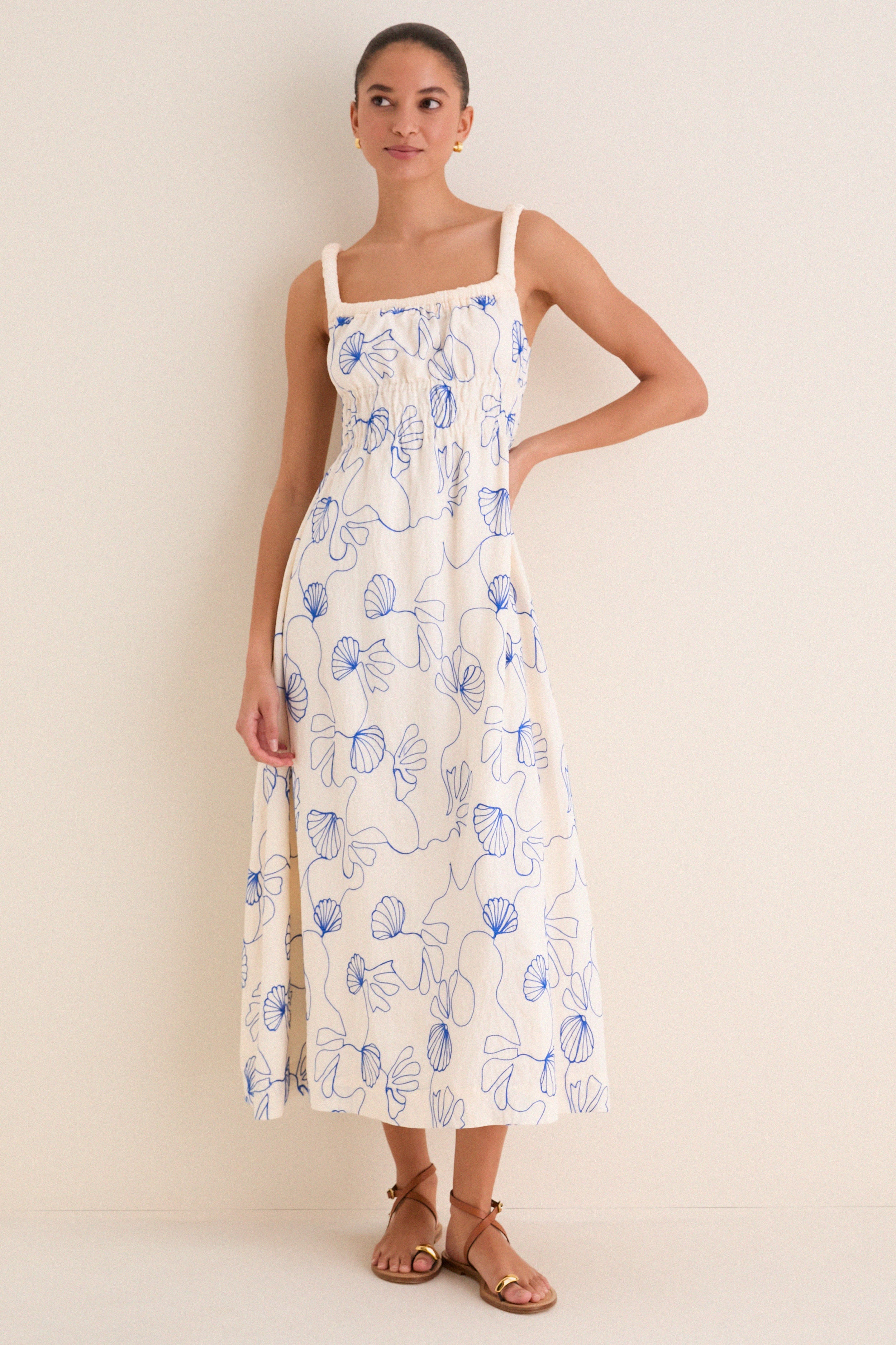 Cream & Royal Blue Embroidered Beverly Maxi Dress | Tuckernuck (US)