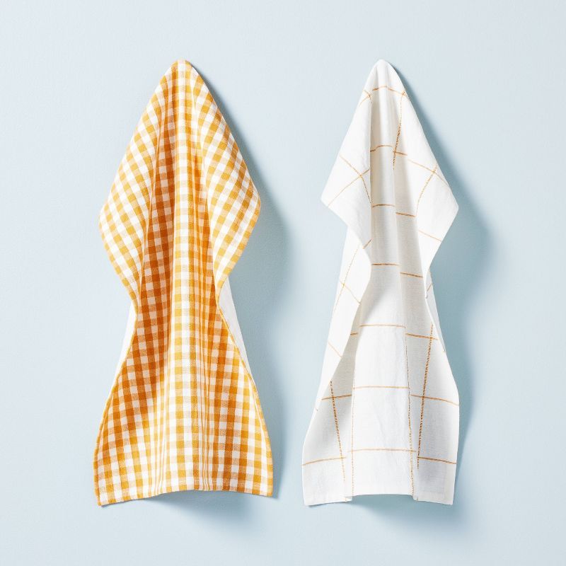 2ct Gingham & Stitched Grid Lines Kitchen Towel Set Gold/Cream - Hearth & Hand™ with Magnolia | Target