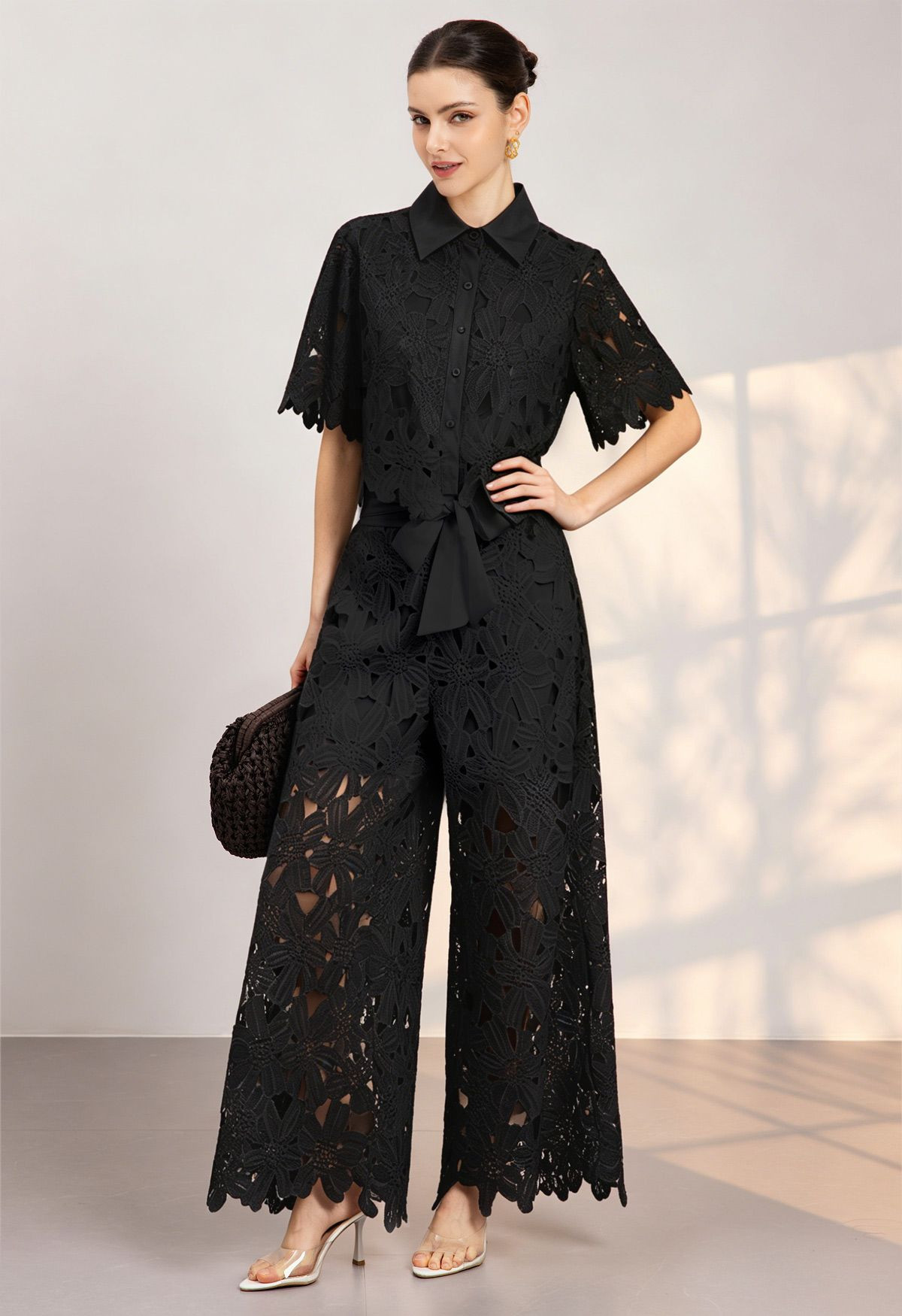 Guipure Lace Crop Shirt and Tie-Waist Pants Set in Black for Resort Vacations & Daytime Occasions | Chicwish