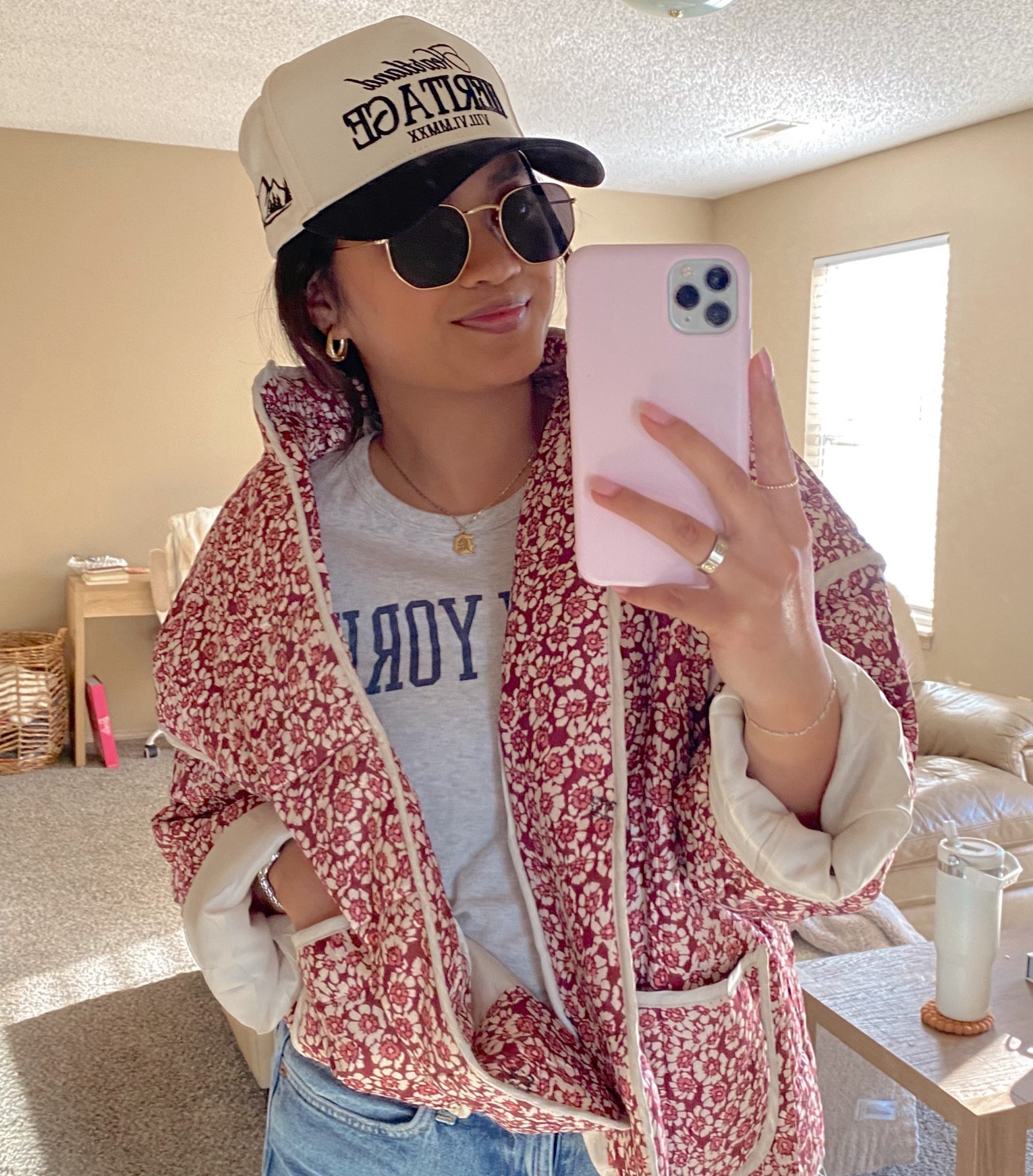 Winter to Spring transition outfit 
Floral quilted puffer jacket/Trucker Hat/Sunnies 

#LTKMostLoved #LTKfindsunder50 #LTKstyletip