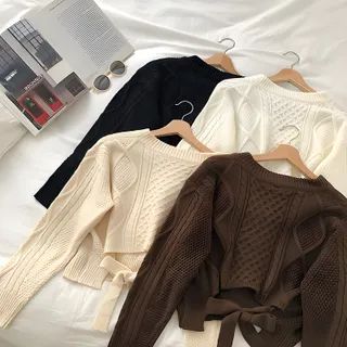 DIYI - V-Neck Plain Cable Knit Cropped Sweater with Tie-Back Detail | YesStyle | YesStyle Global
