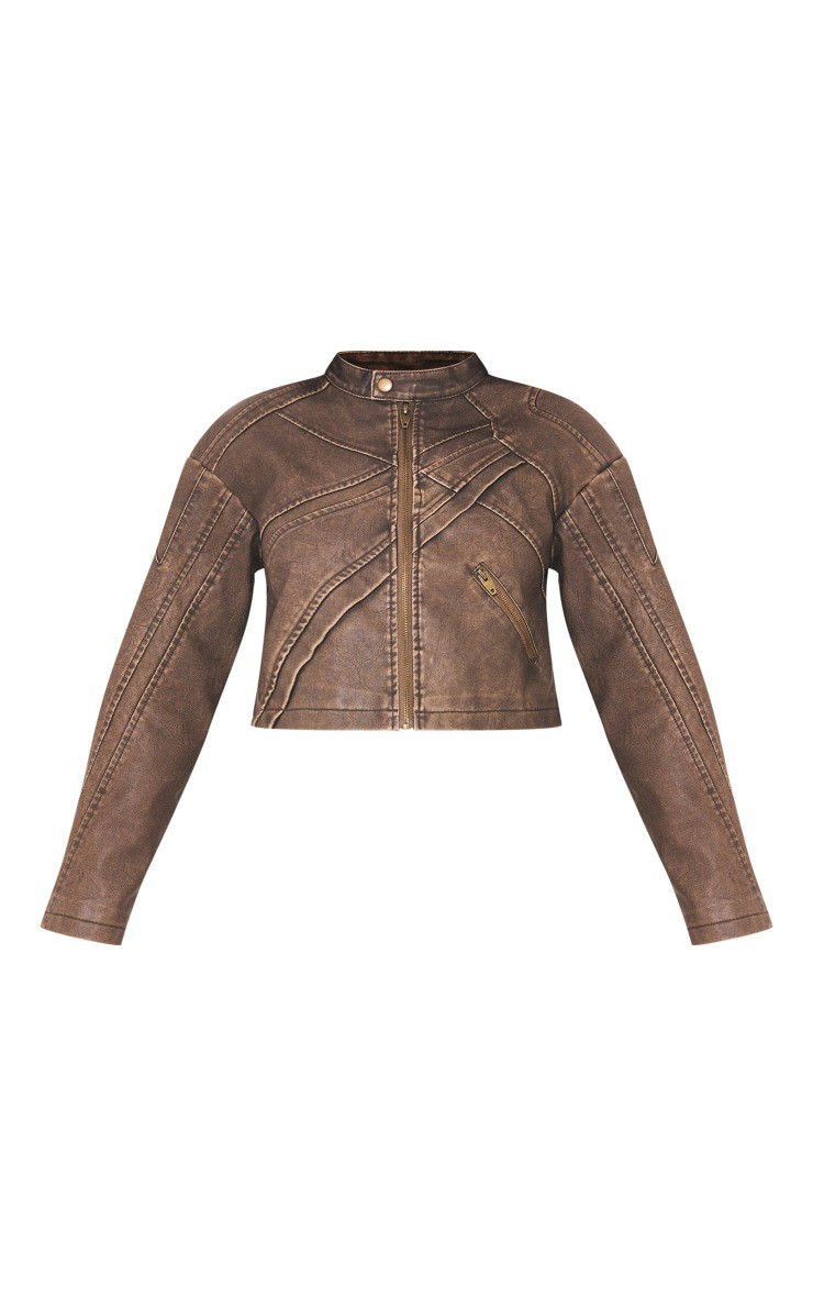 Petite Washed Brown Seam Faux Leather Jacket | PrettyLittleThing US