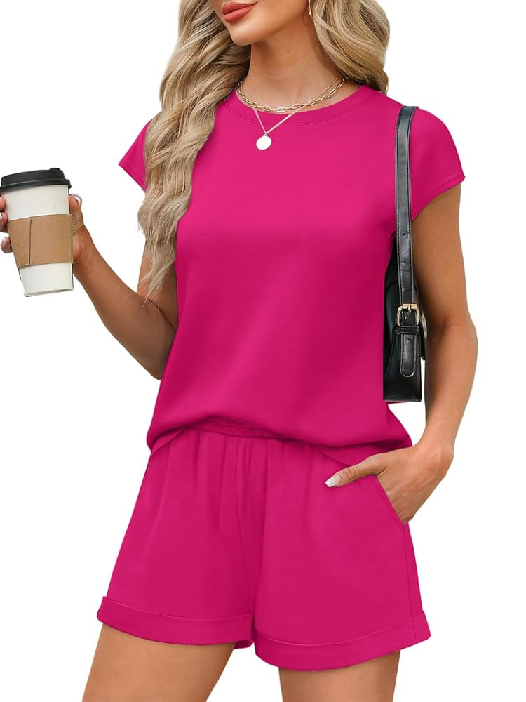 WIHOLL 2 Piece Sets for Women Casual Summer Travel Vacation Outfits Cap Sleeve Shorts Lounge Set | Amazon (US)