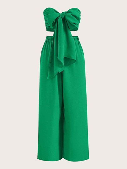 SHEIN VCAY Plus Solid Tie Front Tube Top & Wide Leg Trousers | SHEIN
