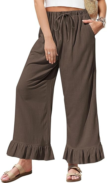 TARSE Women’s Linen Casual Pants Flared Leg Wide Leg Drawstring Ruffle Harem Palazzo Pants with... | Amazon (US)