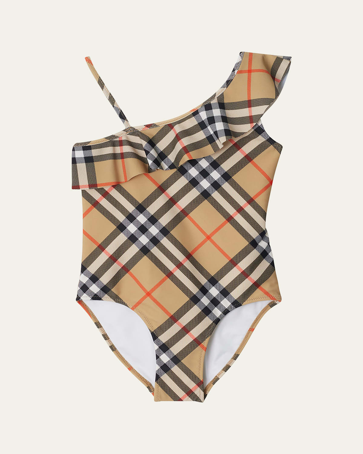 Girl's Fern Ruffled One-Shoulder Check One-Piece Swimsuit, Size 3-14 | Bergdorf Goodman