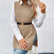 Women Casual Minimalist Solid Color Rib Knit Side Slit Sleeveless Sweater Vest, Autumn | SHEIN
