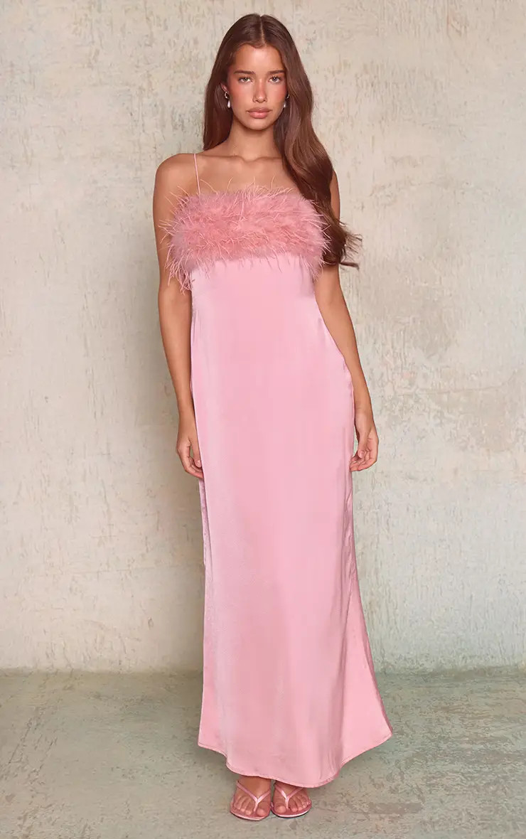 Pink Satin Feather Bust Detail Strappy Maxi Dress | PrettyLittleThing US
