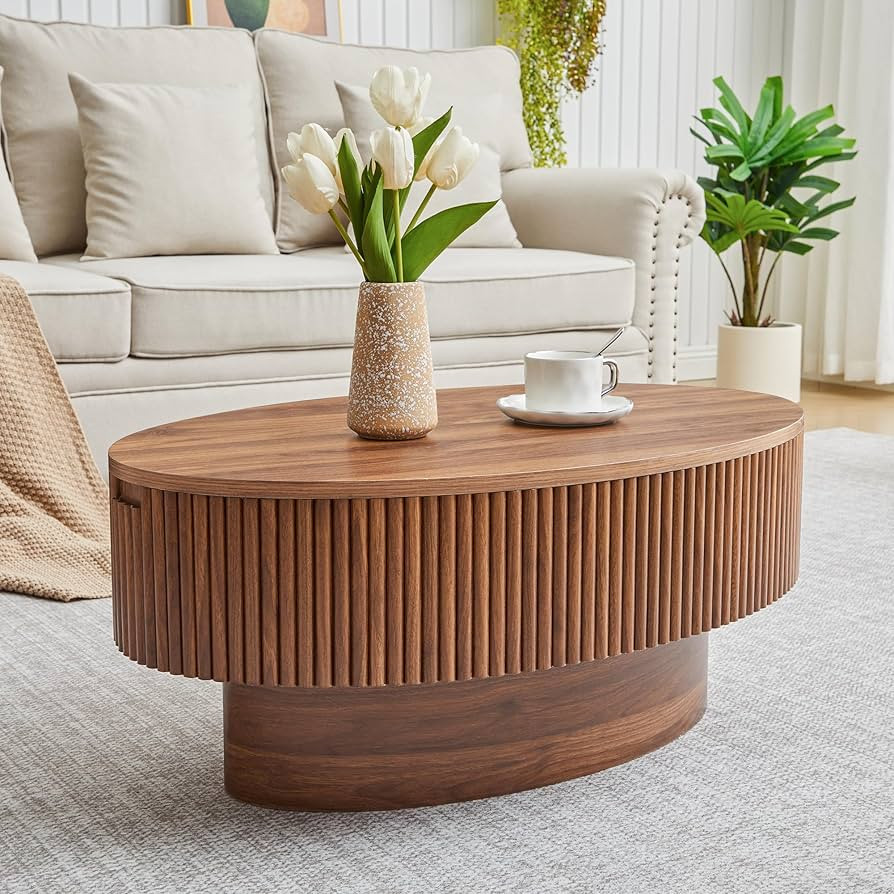 Oval Coffee Table with Hidden Storage, 31.5 Inch Wide Modern Coffee Table, Center Table with Flut... | Amazon (US)