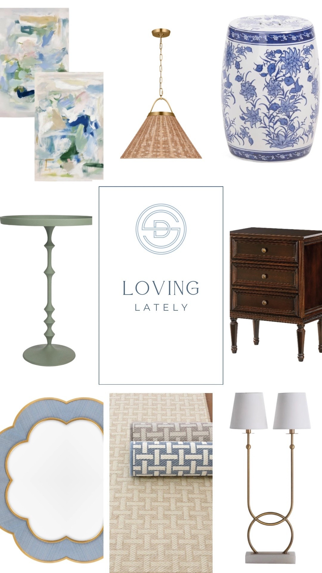 Loving these classic grandmillennial home decor finds! This affordable abstract art would make a great statement piece. This chinoiserie stool is so affordable! Love the green accent table. Such a classic wood nightstand. This blue scalloped mirror is so fun. I love a classic neutral rug that is timeless! 

Grandmillennial living room design | Grandmillennial living room decor | affordable living room | classic living room | traditional living room 

#LTKHome #LTKSaleAlert