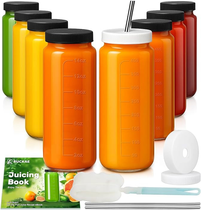 Ruckae 16oz 8 Pack Juice Bottles, Glass Bottles Juicing with Lids, Smoothie Cup Lids and Straws, ... | Amazon (US)
