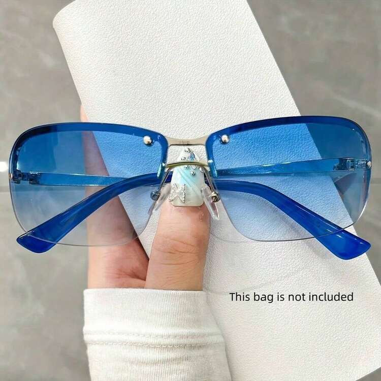 Y2K Retro Frameless Double-Bridge Glasses - Blue To Light Blue Gradient PC Lenses With Metal Frame Accents, Avant-Garde Street Style Show Glasses, Suitable Fashion Shows, Concerts, And Everyday Wear | SHEIN