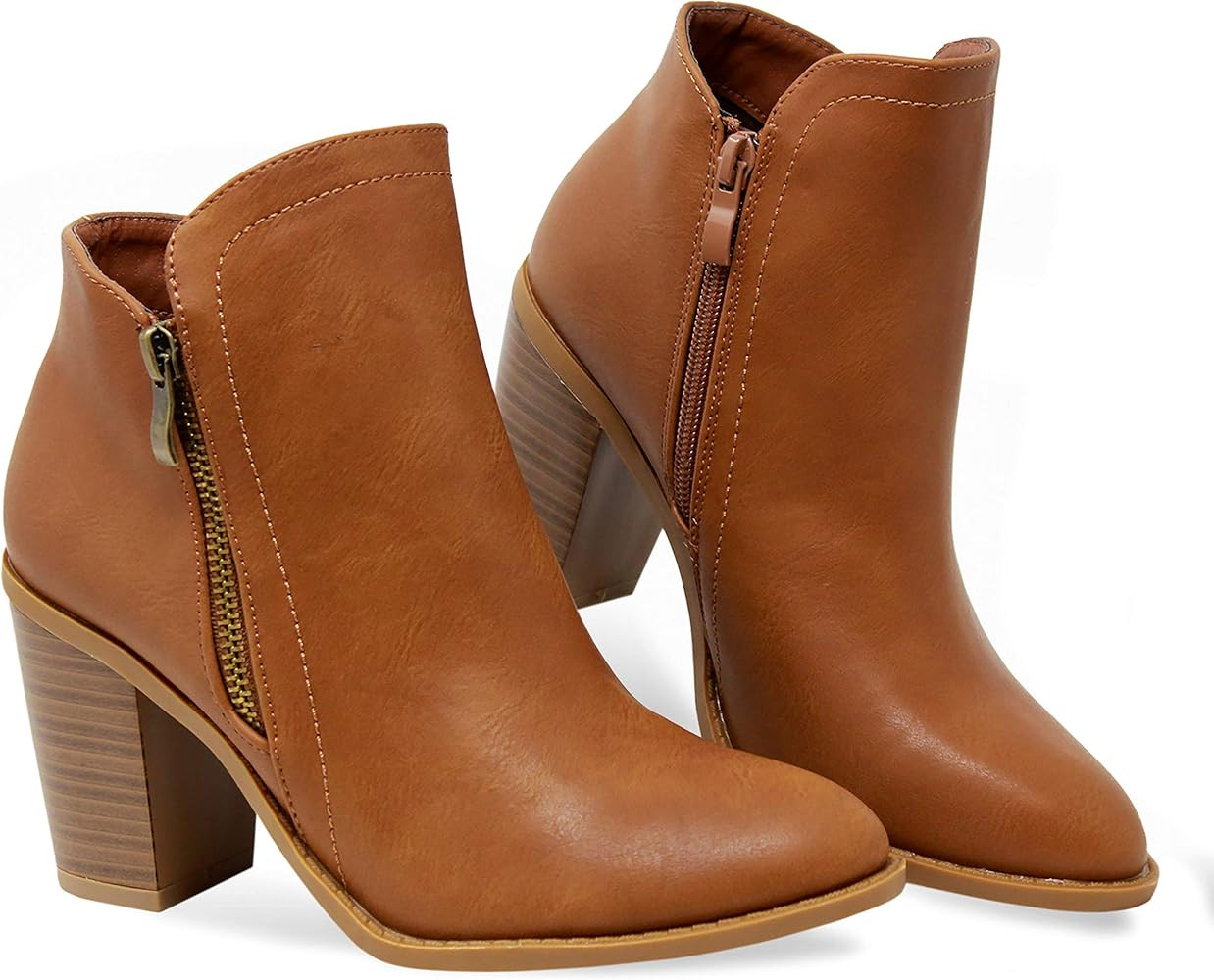 MVE Shoes Women's Side Zipper Buckle Deco Laces High Stacked Block Heel Ankle Booties | Amazon (US)