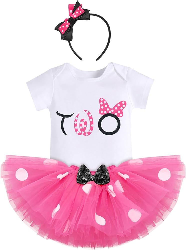 IBTOM CASTLE Baby Girls One 1st 2nd 3rd Birthday Outfit Polka Dots Romper Tutu Dress Headband Pri... | Amazon (US)