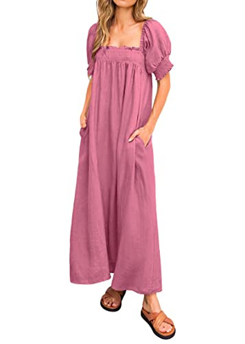 KIRUNDO Women 2026 Summer Maxi Dress Casual Loose Puff Sleeve Square Neck Maternity Flowy Long Be... | Amazon (US)
