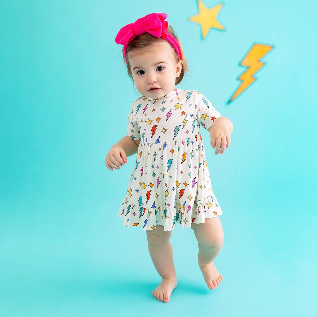 Lightning Bolt White Ruffled Baby Bodysuit Dress | Volt | Posh Peanut