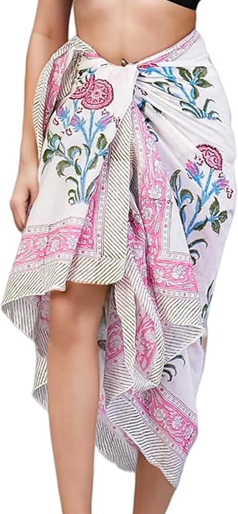 Hand Block Printed Cotton Sarong Wraps for Women – Lightweight Beach Swimsuit Cover Up, One Siz... | Amazon (US)