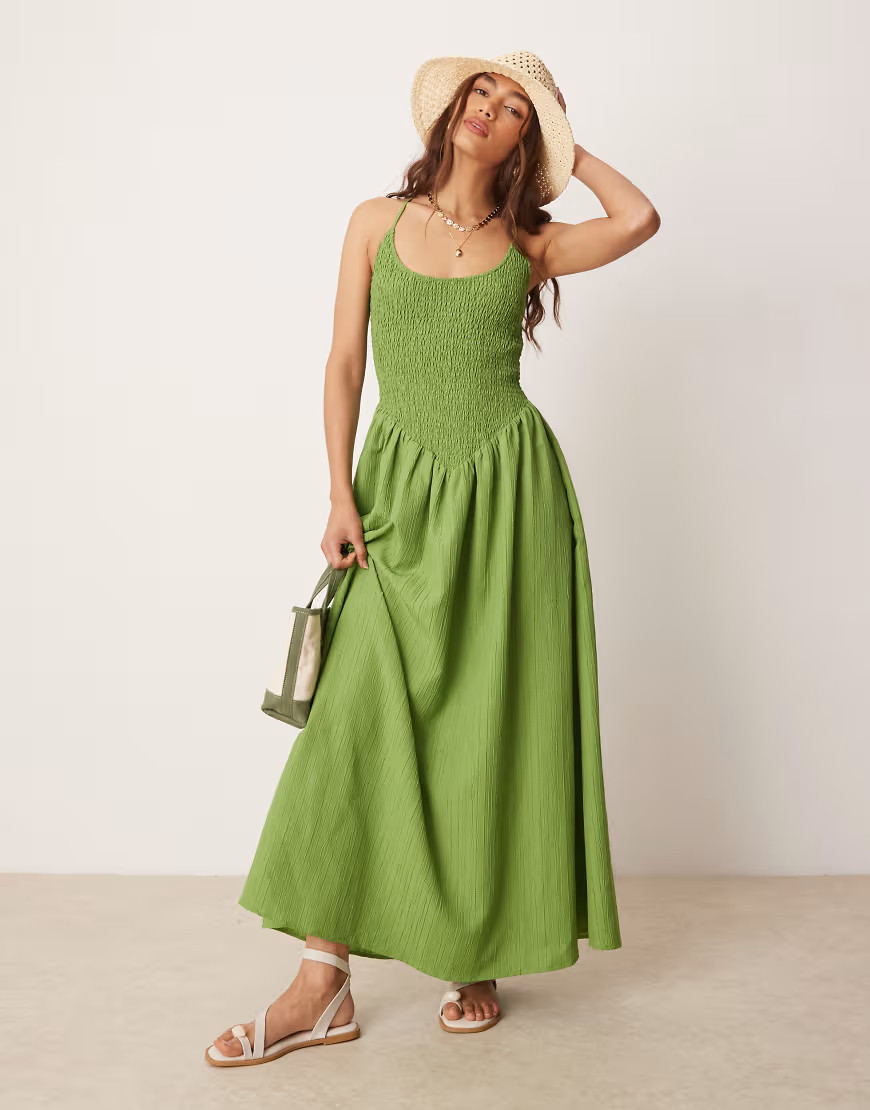 ASOS DESIGN scoop neck crinkle maxi dress with cross back in green | ASOS (Global)