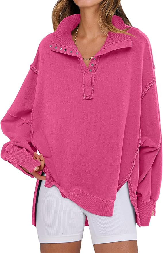 ANRABESS Women's Sweatshirts Oversized Casual Loose Button Up Henley Pullover Top High Low Split ... | Amazon (US)