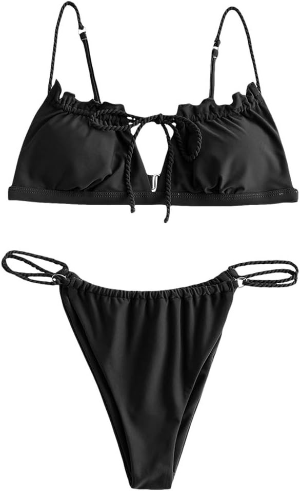 ZAFUL Women's Tie Cutout Keyhole Cami String Bikini Set Two Piece Swimsuit | Amazon (US)