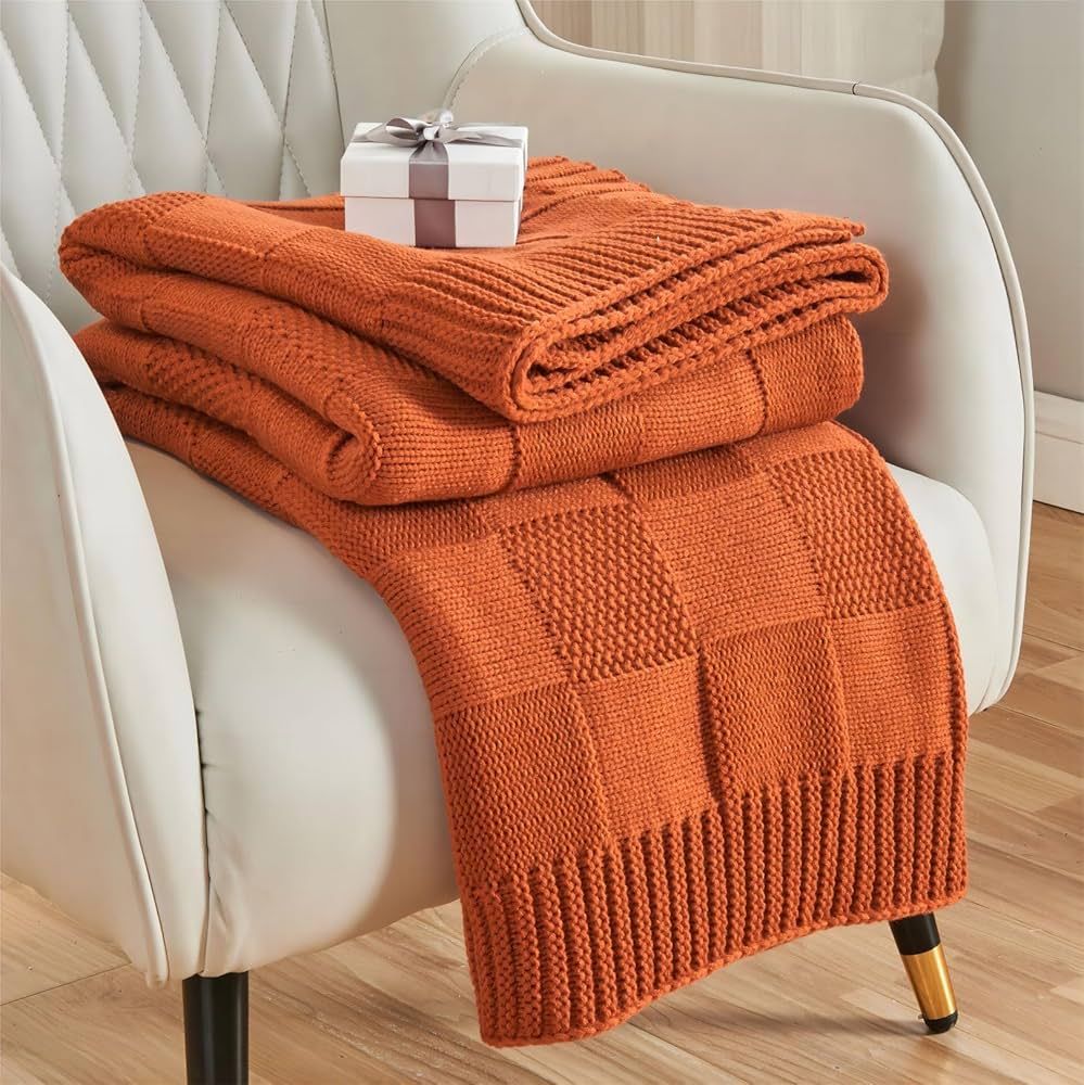 Knit Throw Blanket,Orange Checkered Throw Blanket for Couch,Soft Cozy Warm Knitted Throw Blanket ... | Amazon (US)