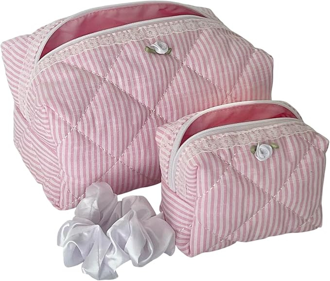 Pink Striped Makeup Bag Set of 2 + White Silk Scrunchie, Quilted Cotton Pouch Set with Lace & Ros... | Amazon (US)