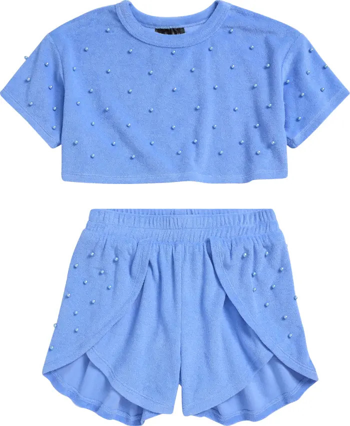 Kids' Faux Pearl Cover-Up Crop Top & Shorts Set | Nordstrom