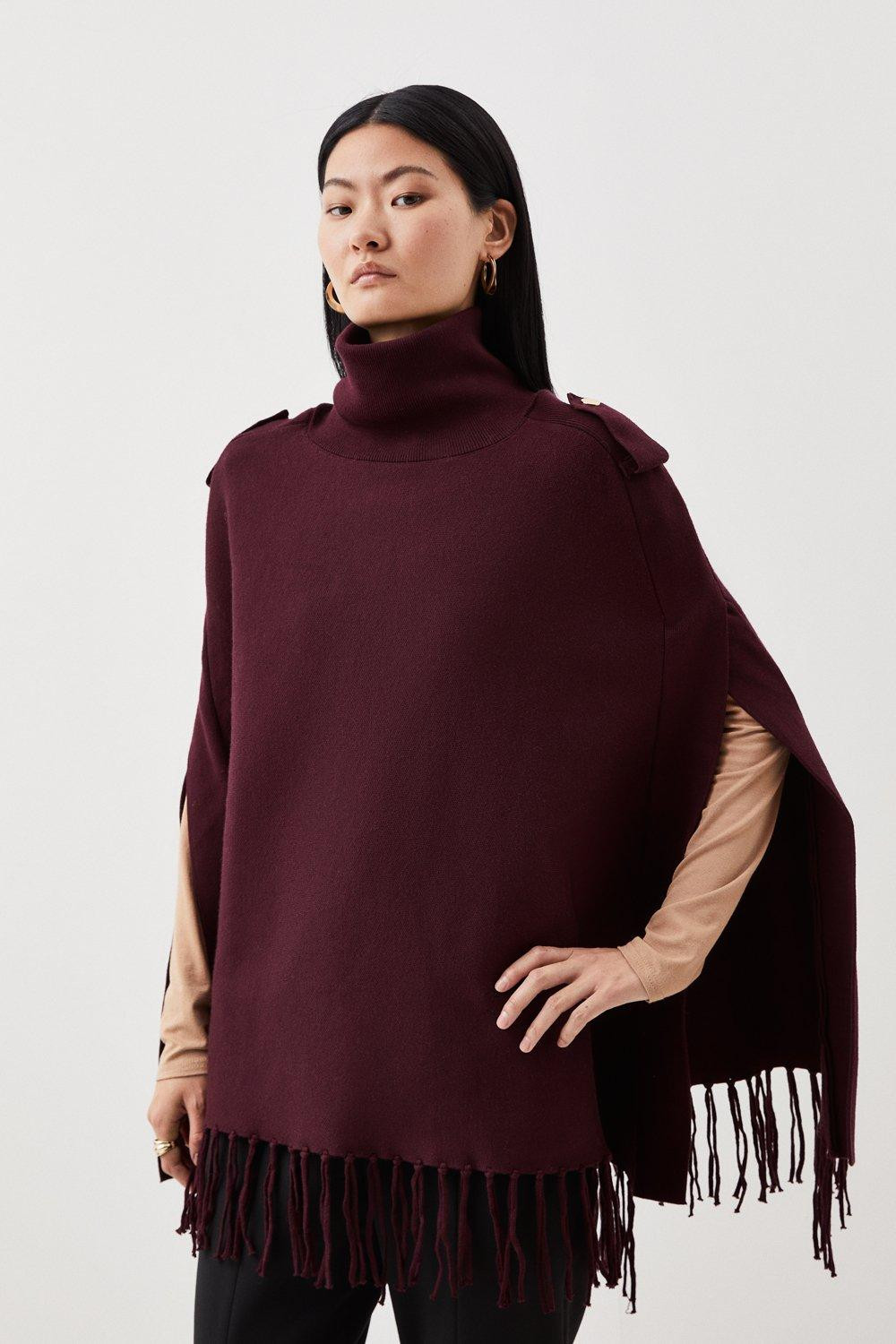 Viscose Blend Fringe Trim Knit Poncho | Karen Millen UK + IE + DE + NL