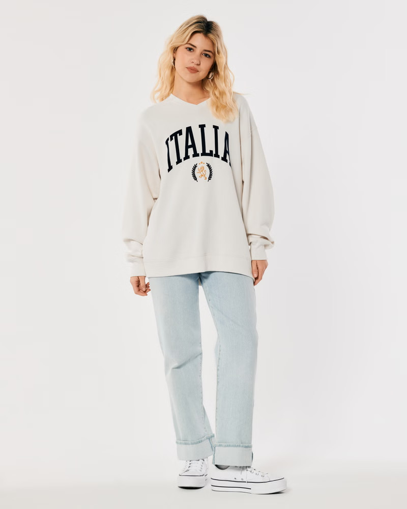 Women's Oversized Flocked Graphic V-Neck Sweatshirt | Women's Tops | HollisterCo.com | Hollister (US)