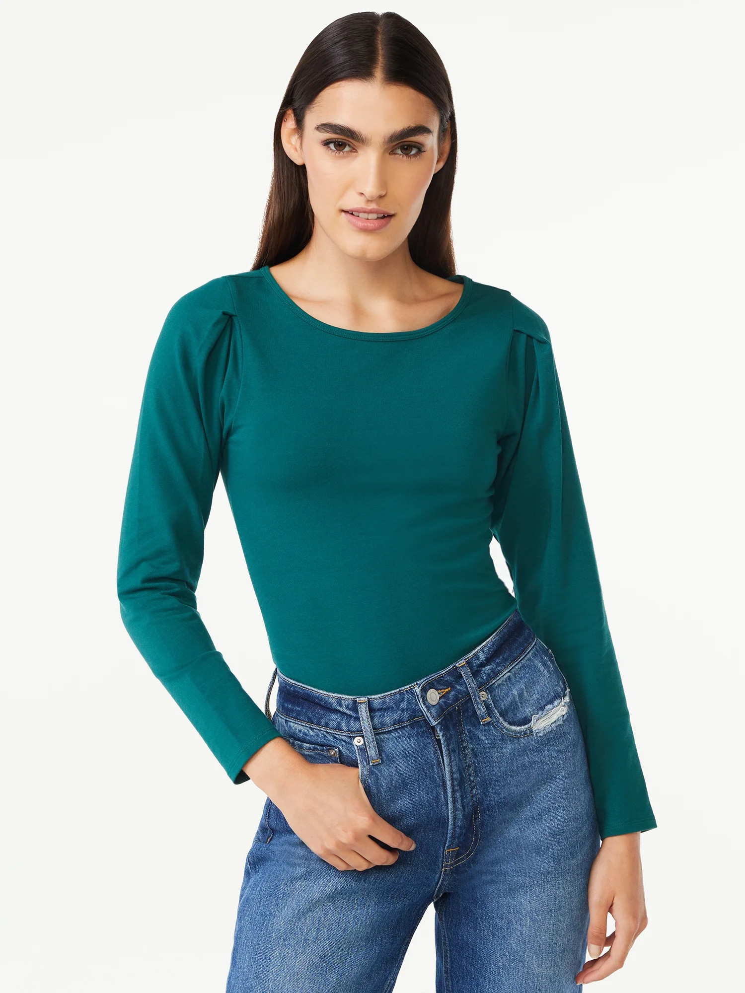 Free Assembly Women's Pleat Shoulder Bodysuit with Long Sleeves - Walmart.com | Walmart (US)