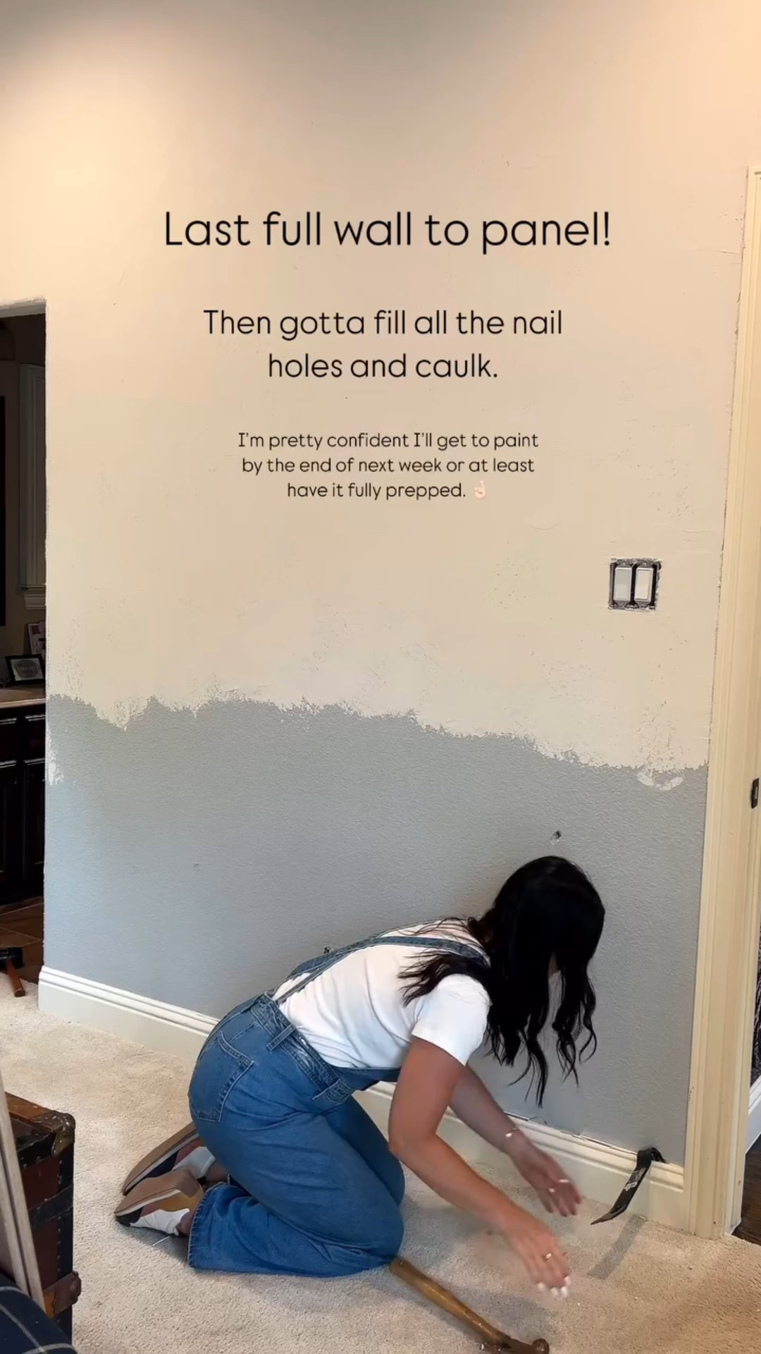 Last full wall to panel!  Then gotta fill all the nail holes and caulk.  I’m pretty confident I’ll get to paint by the end of next week or at least have it fully prepped. 🤞🏻