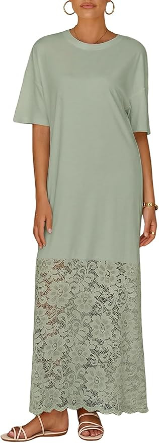 LOLONG Womens Short Sleeve Lace Patchwork Maxi Dress Summer 2026 Crew Neck Casual Long Dresses | Amazon (US)