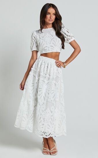 Sveta Two Piece Set - Lace Short Puff Sleeve Open Back Crop Top and Midi Skirt Set in White | Showpo (US, UK & Europe)