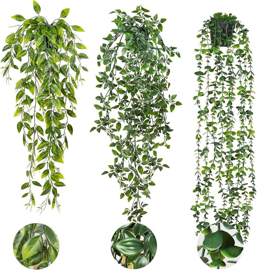 RECUTMS Fake Plants Hanging with Pots 3 Pack Artificial Ivy Vine Fake Potted Plants Artificia Euc... | Amazon (US)