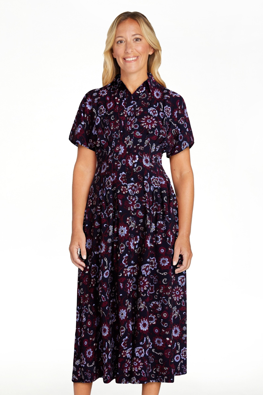 Scenario Women's and Women's Plus Pleated Waist Midi Shirtdress with Short Sleeves, Sizes XS-4X | Walmart (US)