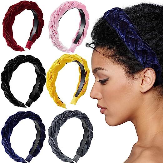 6 Pieces Velvet Braided Headband Flock Padded Wide Velvet Braided Hair Hoop for Women and Girls | Amazon (US)