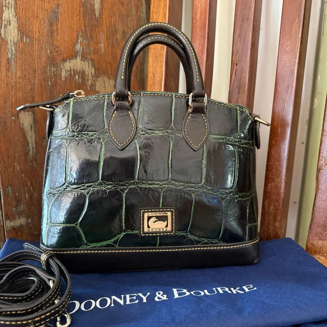 Dooney & Bourke Croc Embossed Leather Satchel Crossbody Green Black Zip Bag | Etsy (US)