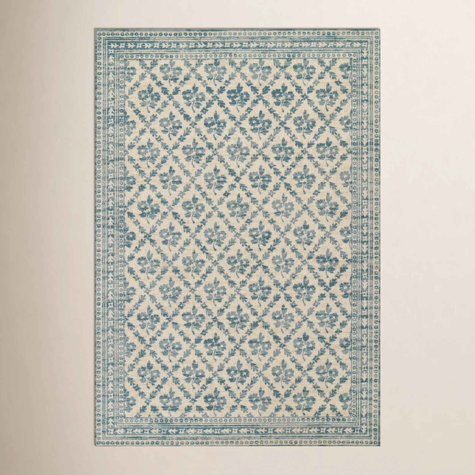 Anders Traditional Floral Wool and Nylon Blue Area Rug | Birch Lane