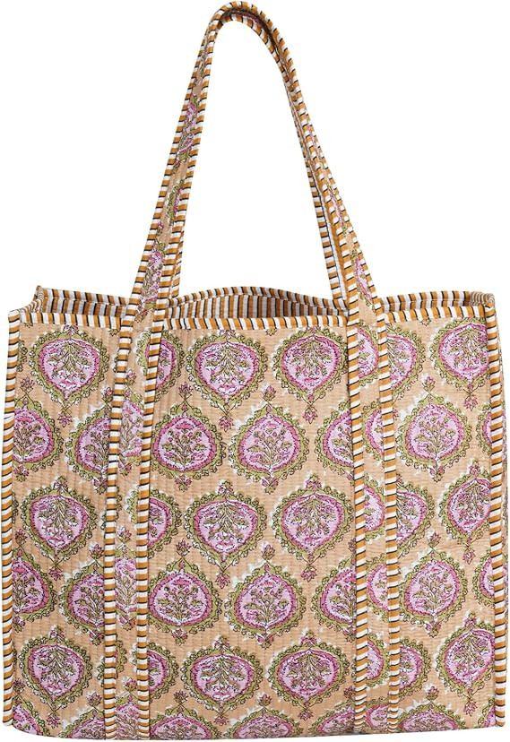 Cotton Tiger Block Print Tote Bag, Indian Handmade Shopping Shoulder Bag, Unisex Market Daily Use | Amazon (US)