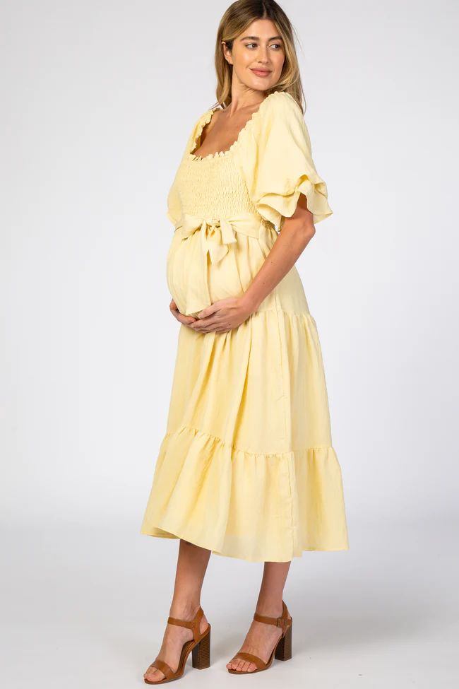 Yellow Smocked Tiered Maternity Dress | PinkBlush Maternity
