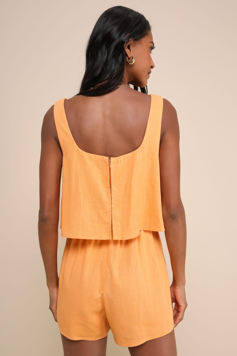 Effortless Escape Light Orange Linen Sleeveless Flounce Romper | Lulus