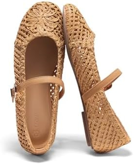 Coutgo Womens Mary Jane Woven Flats Round Toe Ballet Flats Dressy Comfortable Slip On Shoes | Amazon (US)