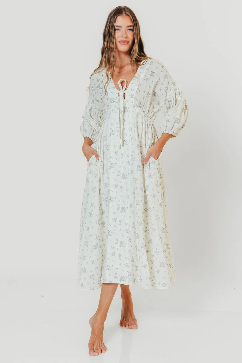 Hunter 100% Cotton Midi Dress in Off White/Blue - Bump Friendly & Incl | Worth Collective