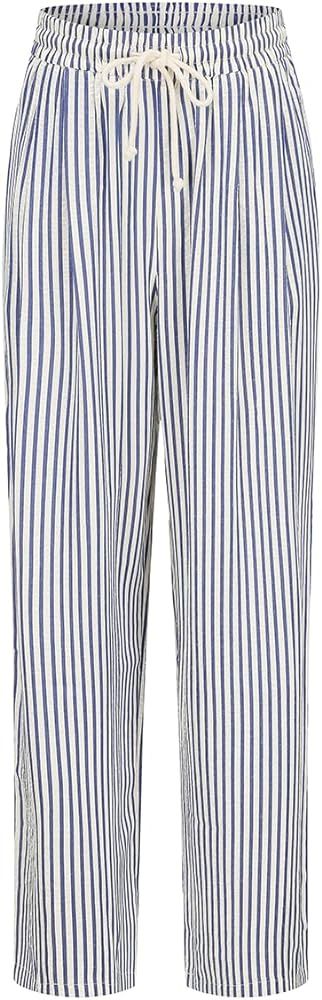Women's Striped Wide Leg Lounge Pants Pinstripe Drawstring Lightweight Petite Trousers | Amazon (US)